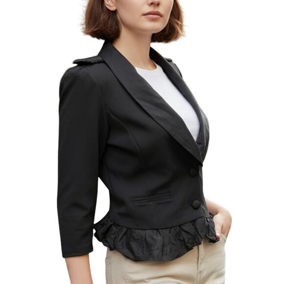 Juicy Couture Blazer Jacket Size S Bubble Ruffle Hem Military Epaulets Black - Picture 1 of 14